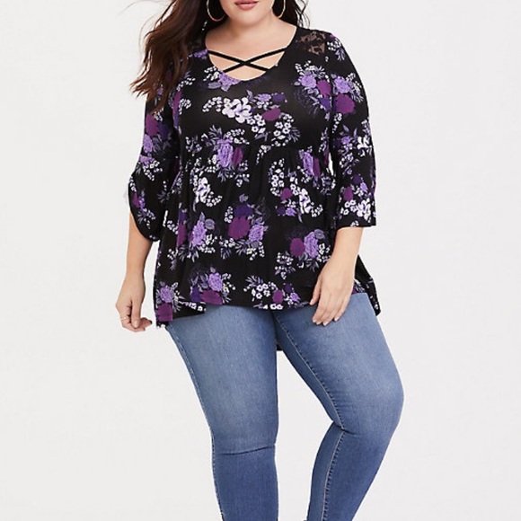 torrid Tops - Torrid Black Floral Babydoll Top SZ 0X NWOT